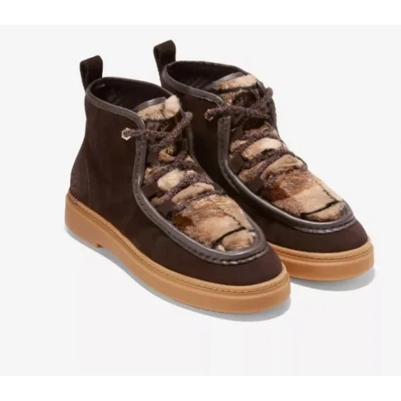 NEW Cole Haan Women's Summit Chukka Dark Chocolate Brown Plaid Lace Up Fur Boot - Picture 1 of 16